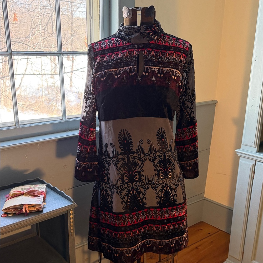 Nanette Lepore Black and Deep Red Velvet-Accent Long Sleeve Dress